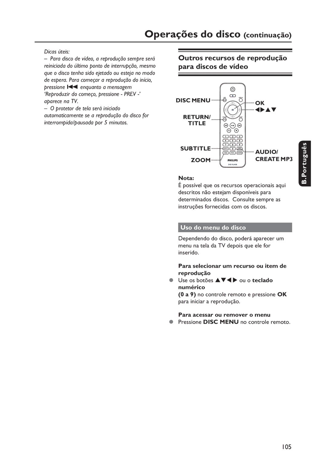 Philips DVP3250K Operações do disco continuação, Outros recursos de reprodução para discos de vídeo, Uso do menu do disco 