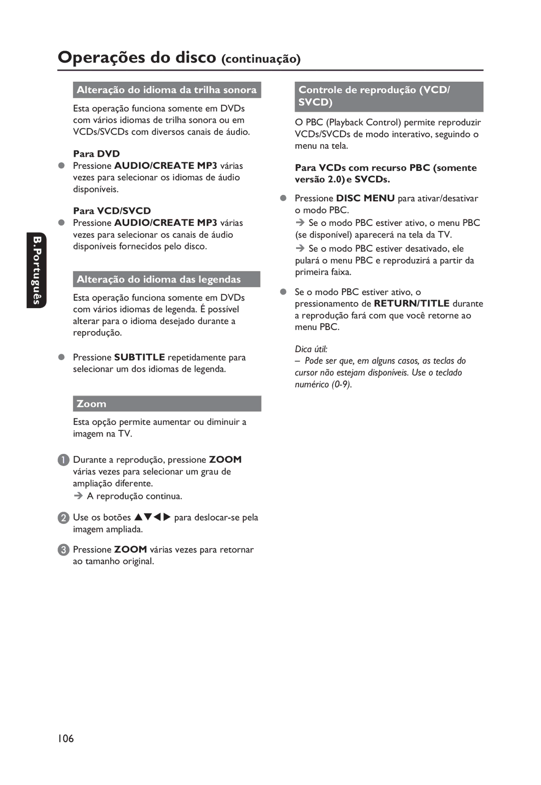 Philips DVP3250K Alteração do idioma da trilha sonora, Alteração do idioma das legendas, Controle de reprodução VCD, Zoom 