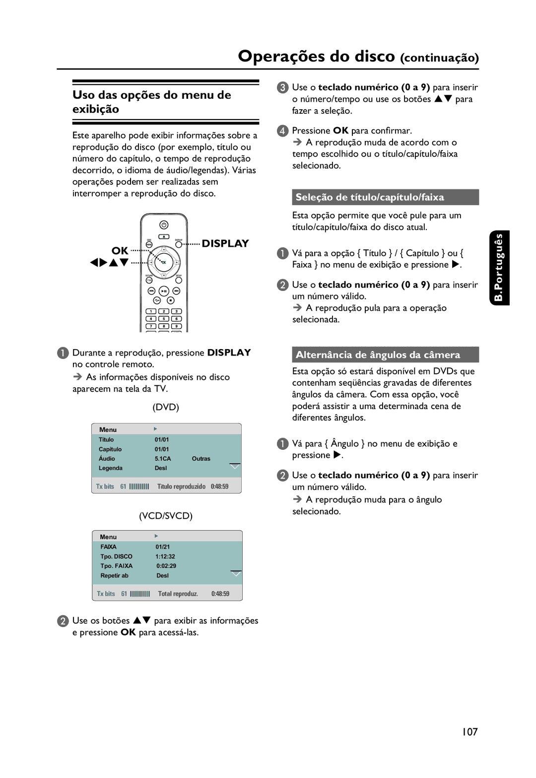 Philips DVP3250K manual Uso das opções do menu de exibição, Seleção de título/capítulo/faixa, Vcd/Svcd 