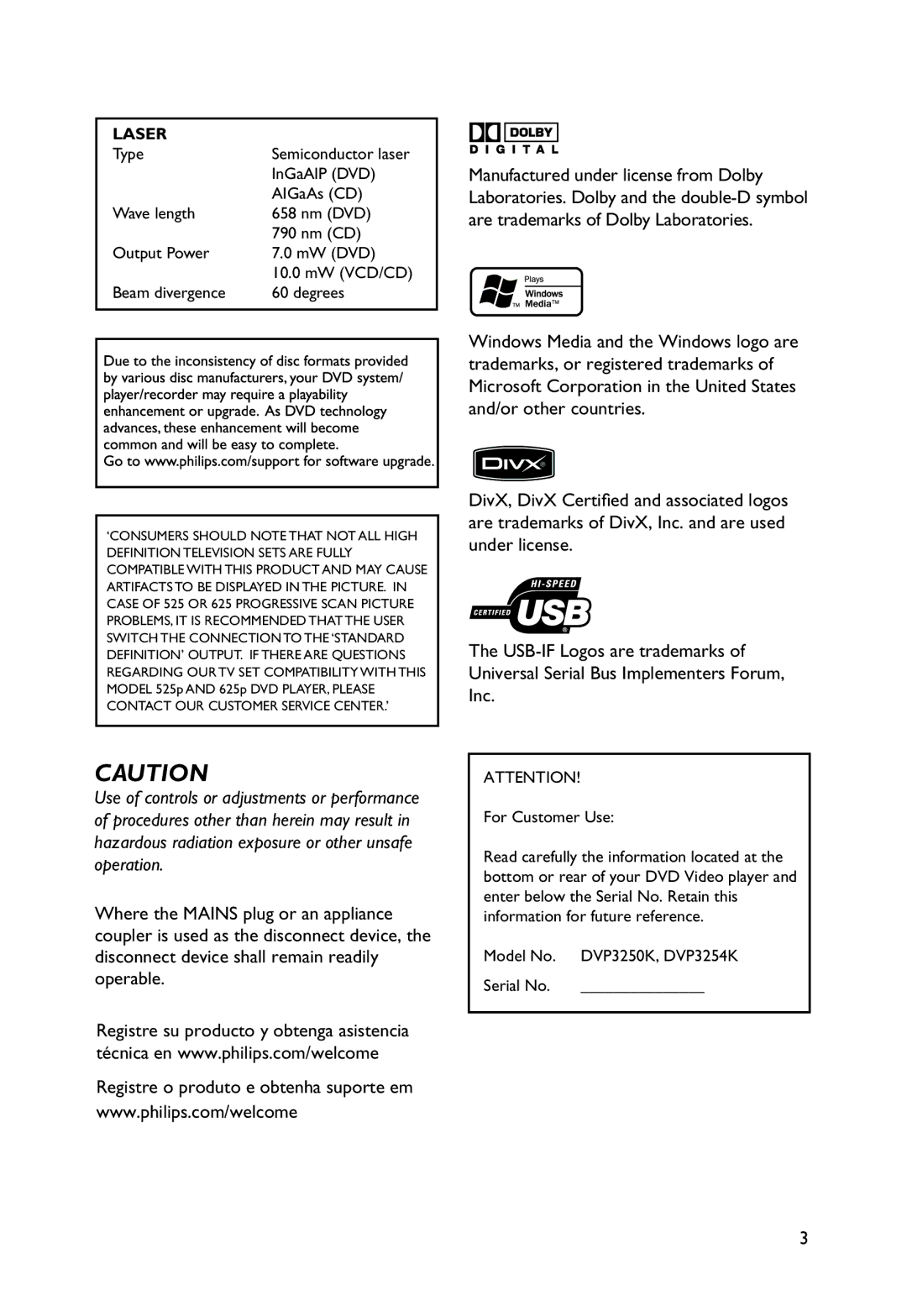 Philips manual Laser, For Customer Use, Model No. DVP3250K, DVP3254K Serial No 