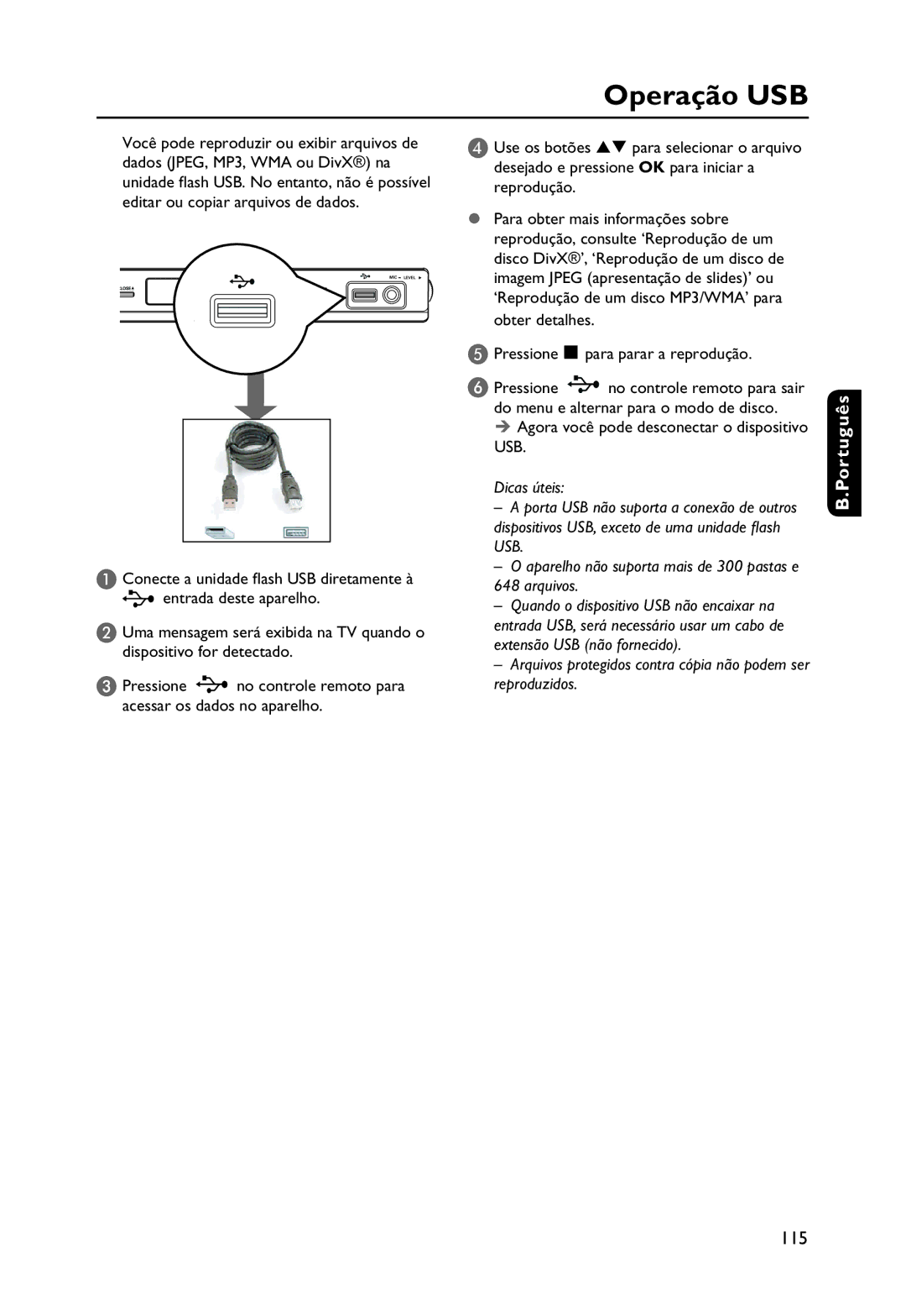 Philips DVP3250K manual Operação USB 