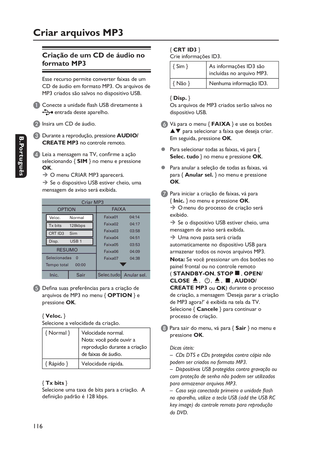 Philips DVP3250K manual Criar arquivos MP3, Criação de um CD de áudio no formato MP3 