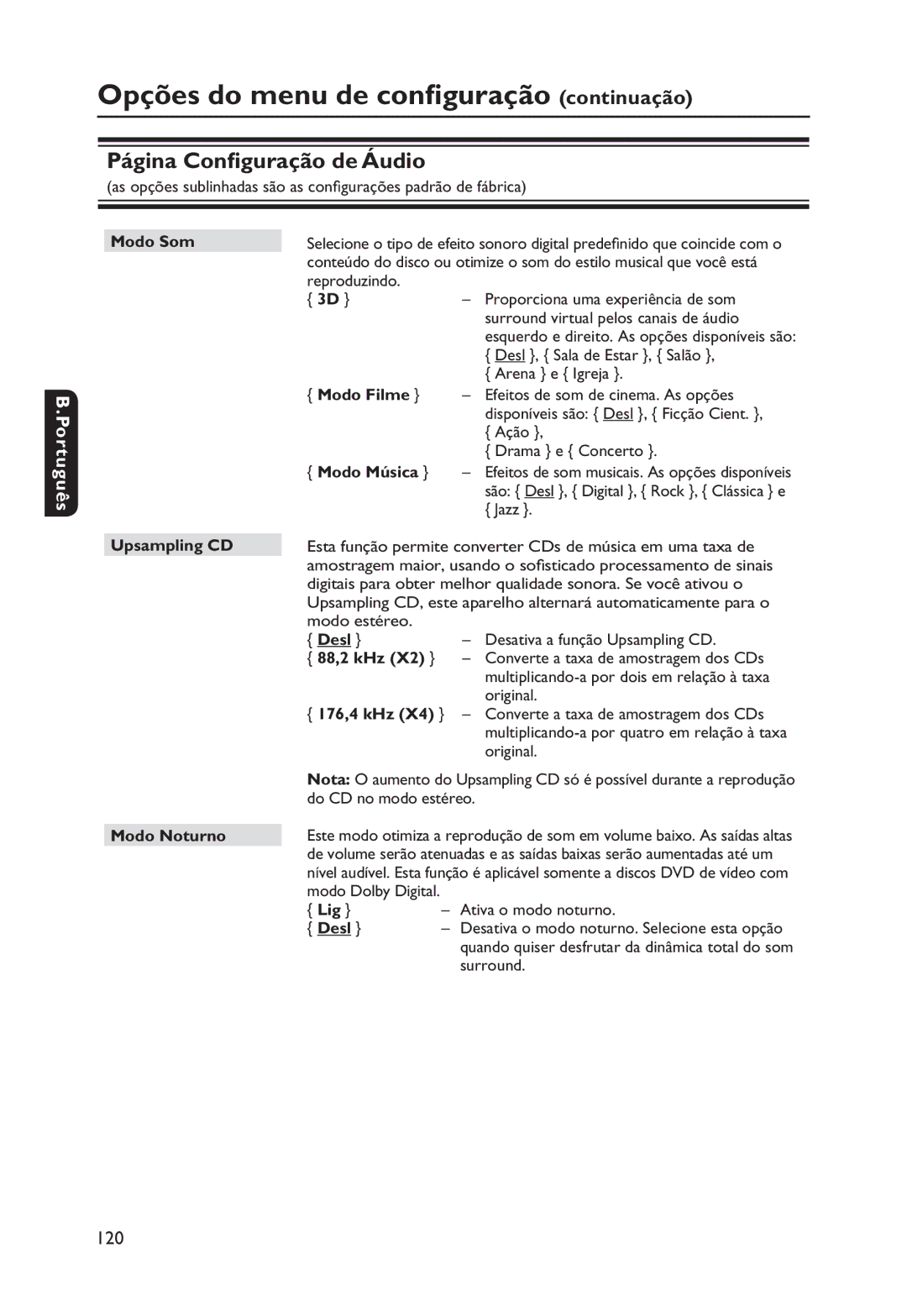 Philips DVP3250K manual Modo Som Upsampling CD Modo Noturno, Modo Filme, Modo Música, 88,2 kHz 176,4 kHz, Lig 