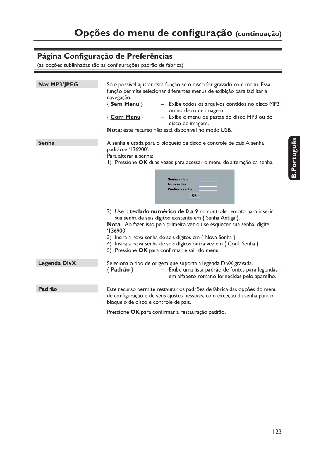 Philips DVP3250K manual Nav MP3/JPEG, Sem Menu, Com Menu, Senha 