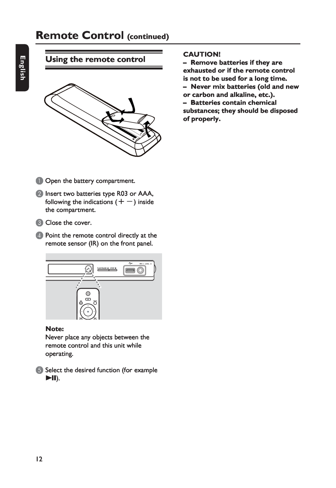 Philips DVP3250K/55 Using the remote control, Remove batteries if they are, exhausted or if the remote control, English 