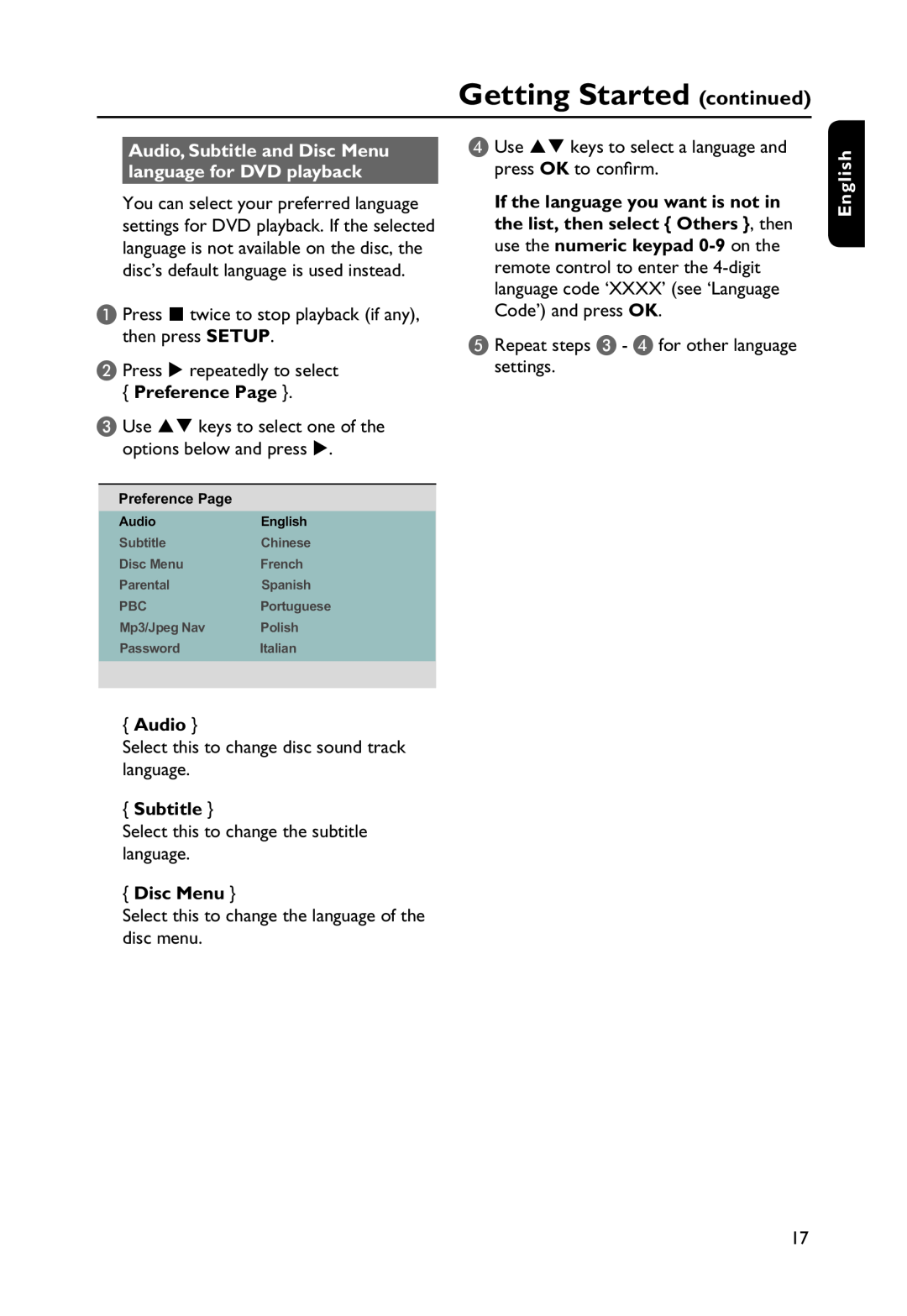 Philips DVP3254K manual Getting Started continued, Audio, Subtitle and Disc Menu language for DVD playback, Preference Page 