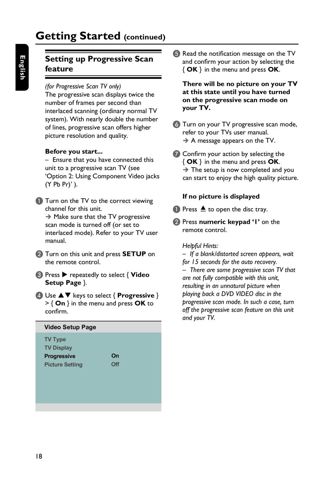 Philips DVP3250K/55 Setting up Progressive Scan feature, for Progressive Scan TV only, Before you start, Helpful Hints 