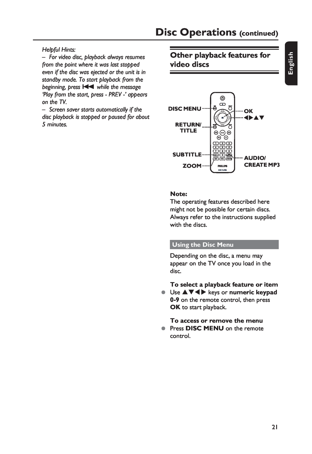 Philips DVP3250K/55 Other playback features for video discs, Using the Disc Menu, To select a playback feature or item 