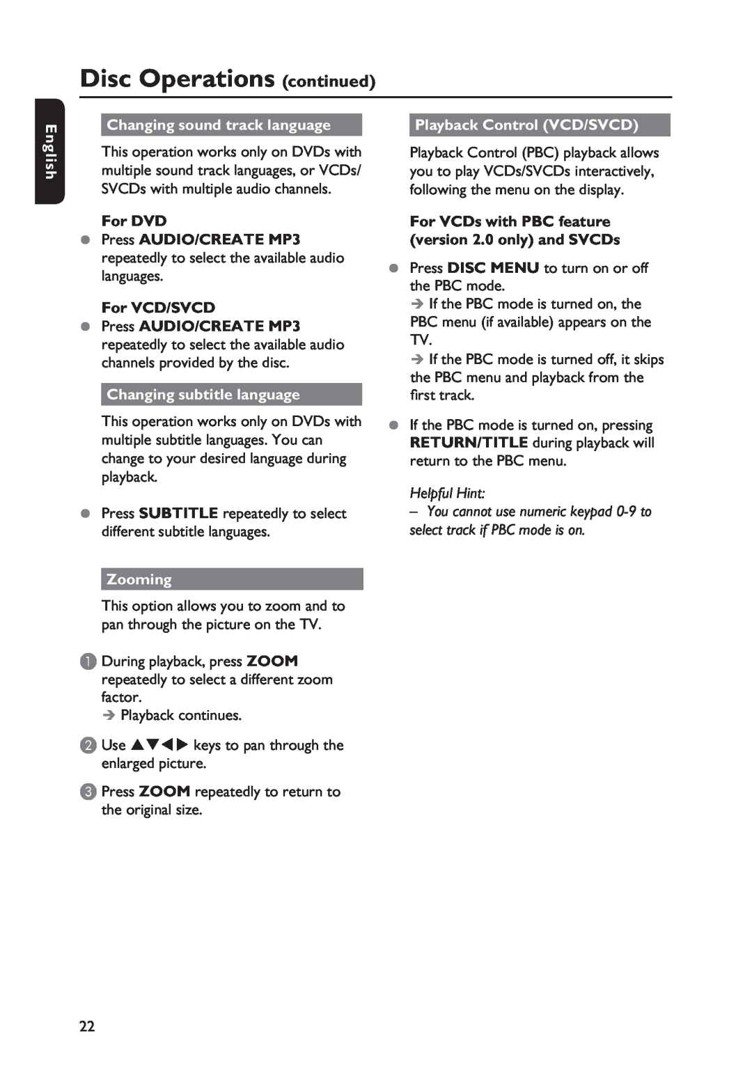 Philips DVP3250K manual Changing sound track language, For DVD, For VCD/SVCD, Changing subtitle language, Zooming, English 