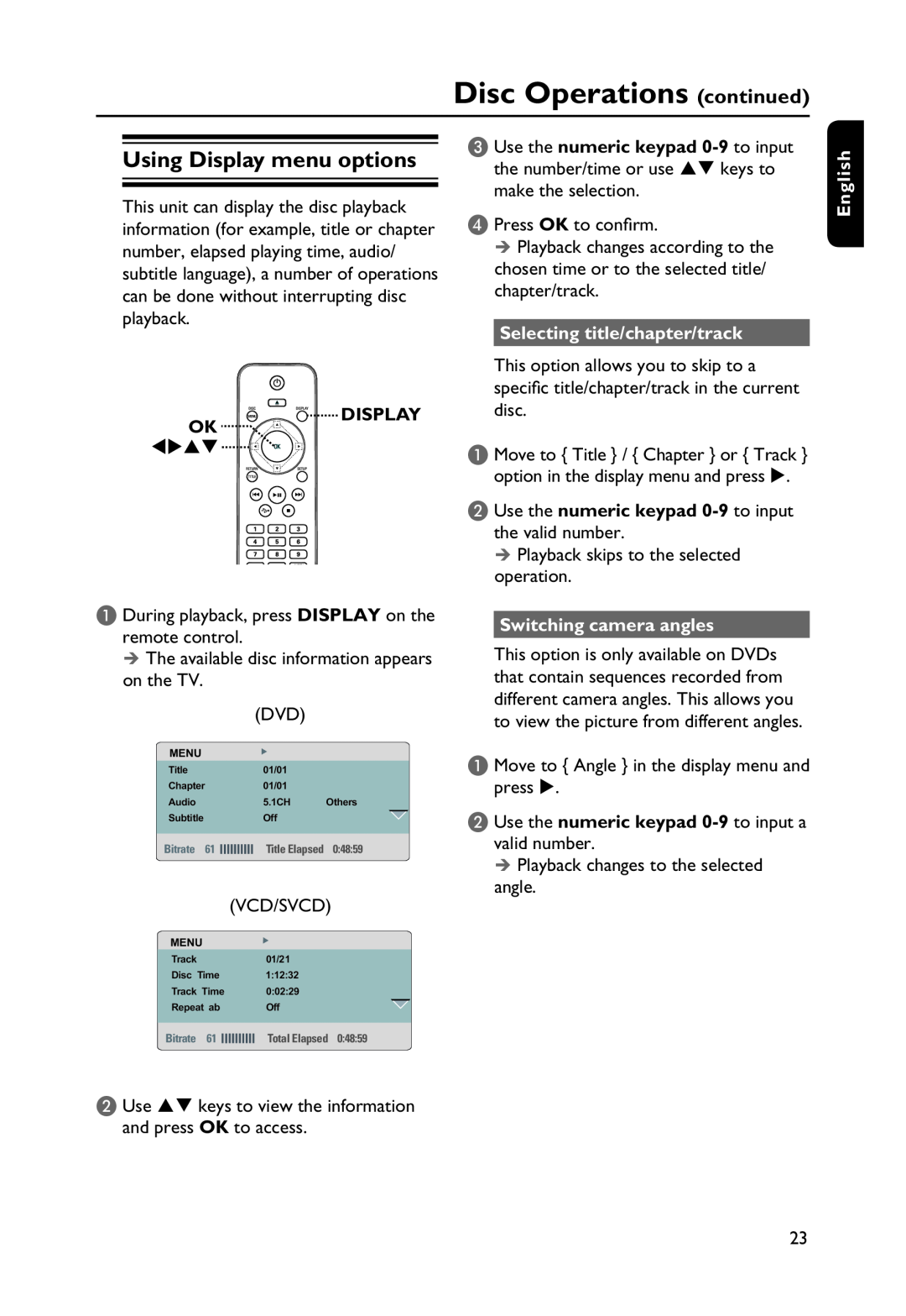 Philips DVP3254K Using Display menu options, Okdisplay, Vcd/Svcd, Selecting title/chapter/track, Switching camera angles 