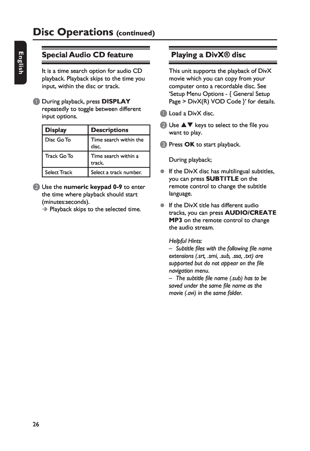 Philips DVP3254K, DVP3250K Special Audio CD feature, Playing a DivX disc, Disc Operations continued, Display, Descriptions 