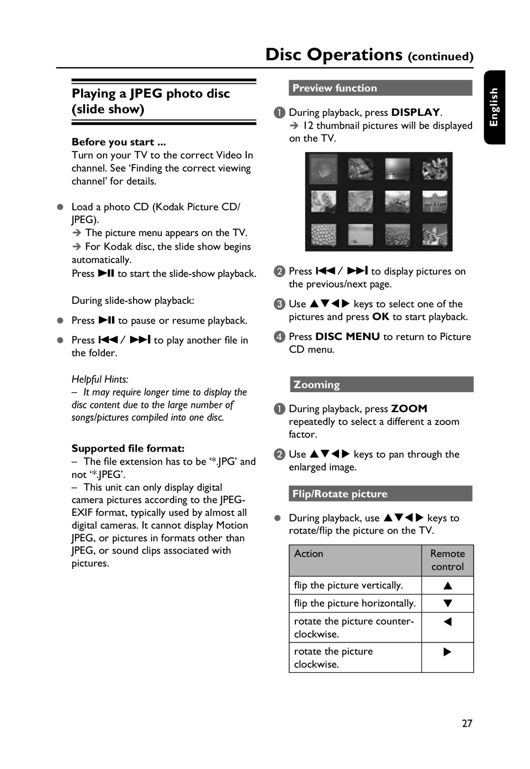 Philips DVP3250K/55 Playing a JPEG photo disc slide show, Supported file format, Preview function, Flip/Rotate picture 