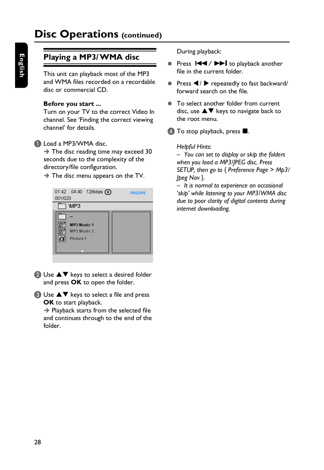 Philips DVP3250K/55 manual Playing a MP3/ WMA disc, Disc Operations continued, English, Before you start, Helpful Hints 