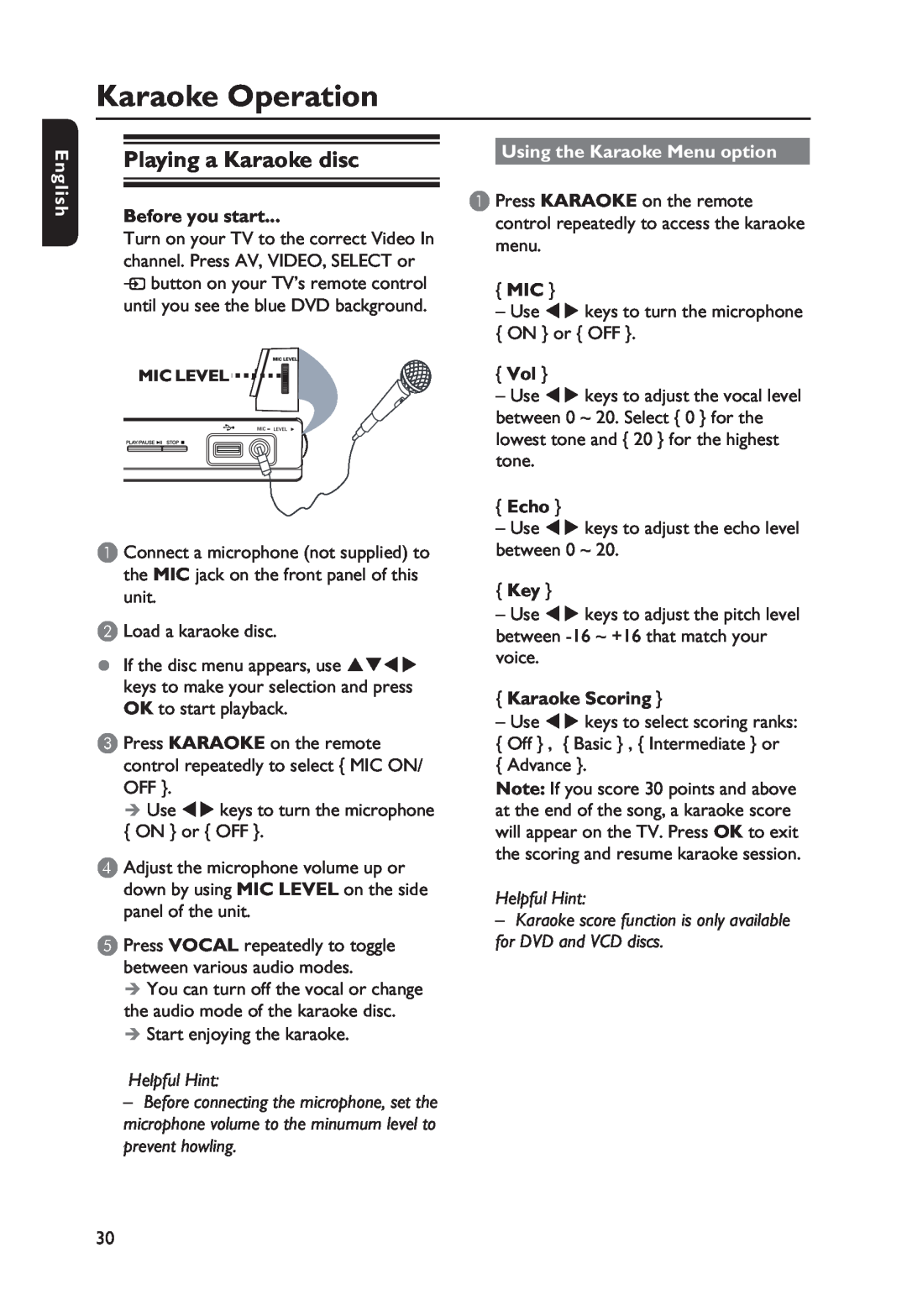 Philips DVP3250K/55 manual Karaoke Operation, Playing a Karaoke disc, Using the Karaoke Menu option, Echo, Karaoke Scoring 