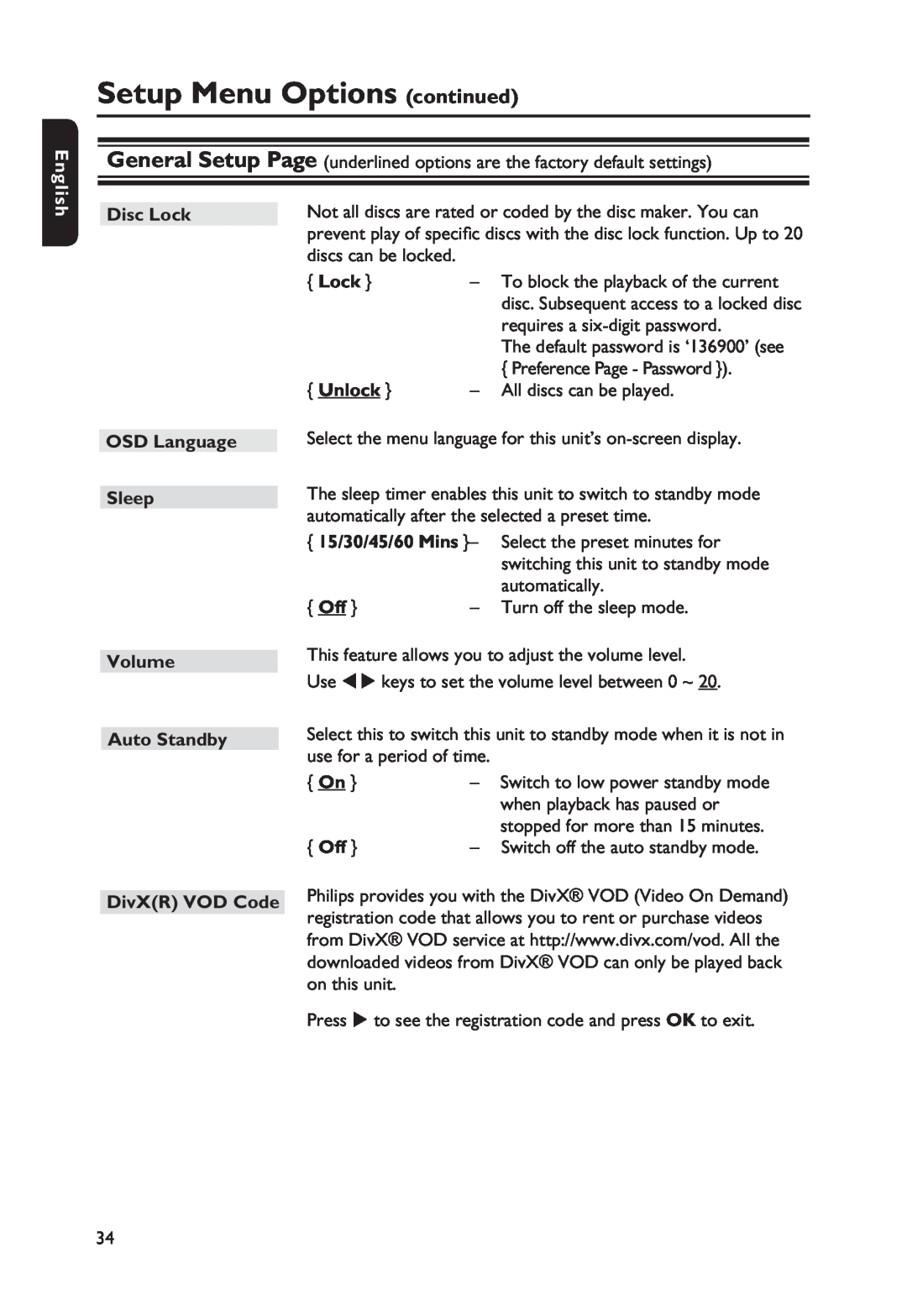 Philips DVP3250K Setup Menu Options continued, Disc Lock, Unlock, OSD Language Sleep, 15/30/45/60 Mins, DivXR VOD Code 