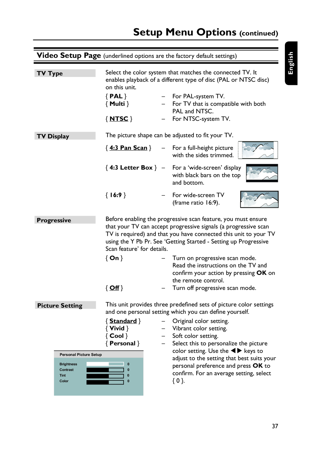 Philips DVP3250K/55, DVP3254K TV Type, Multi, TV Display, Pan Scan, Letter Box, Progressive, Picture Setting, English 