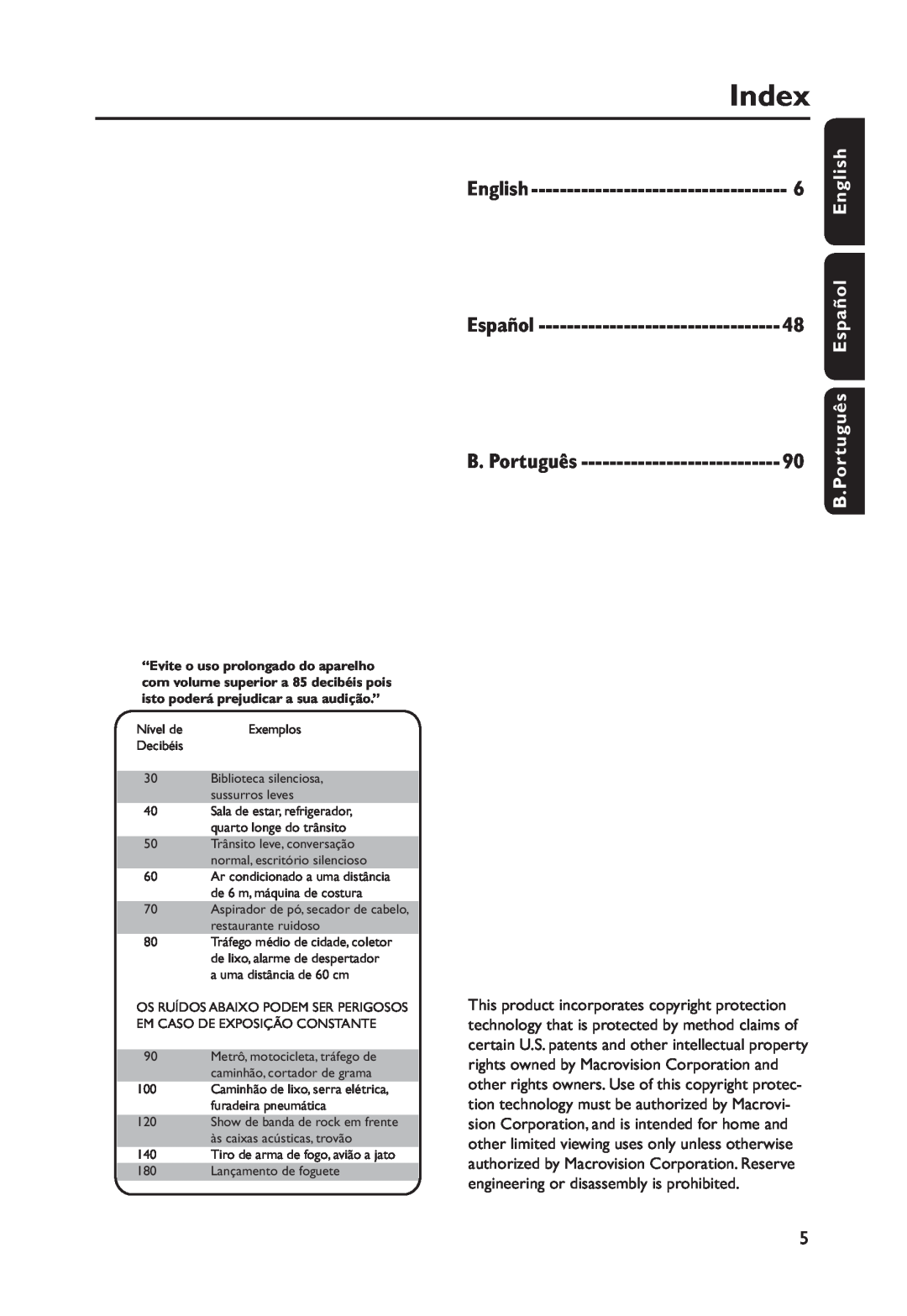 Philips DVP3254K, DVP3250K/55 manual Index, English, Español, B. Português, B.Português 