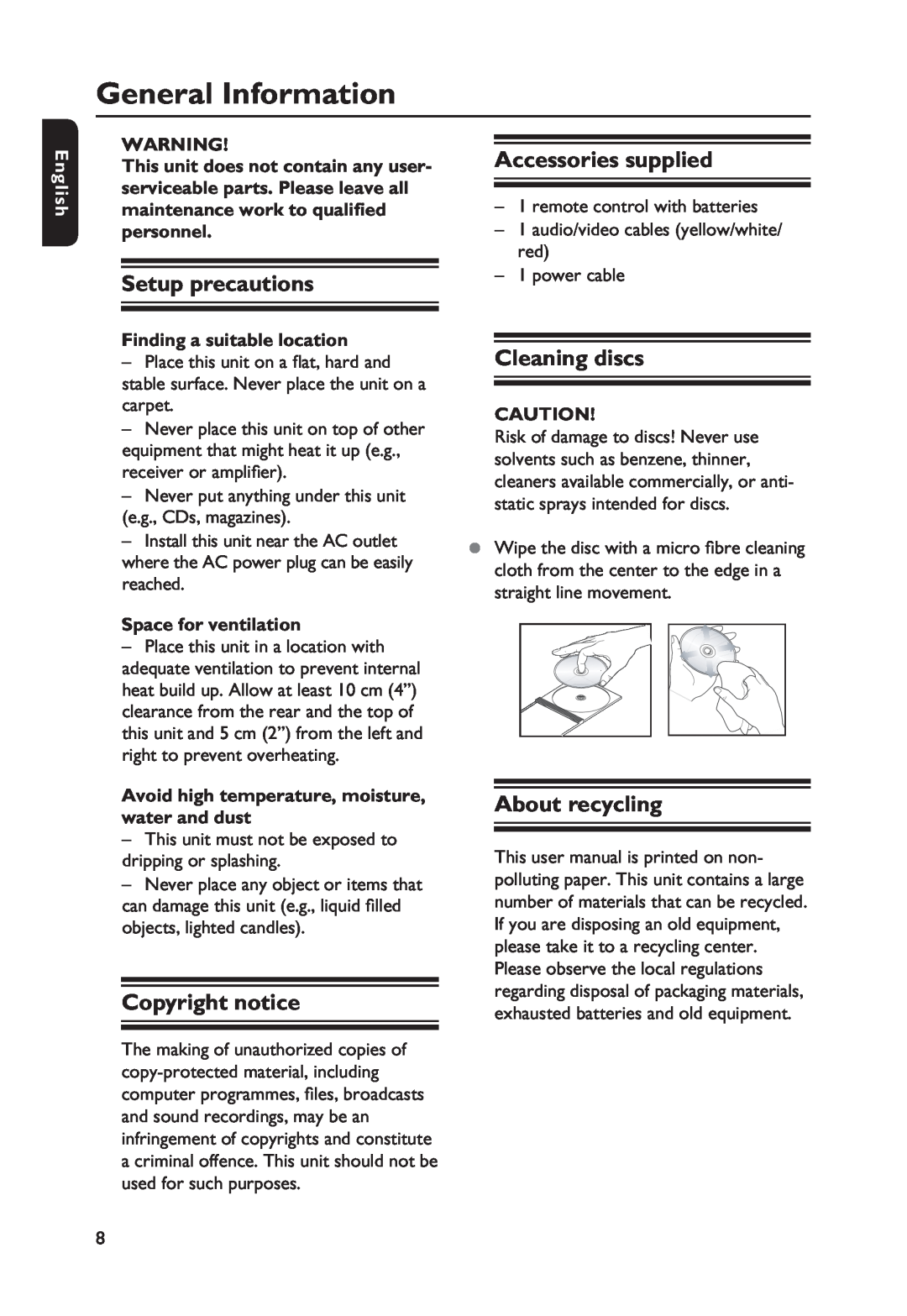 Philips DVP3254K General Information, Setup precautions, Copyright notice, Accessories supplied, Cleaning discs, English 