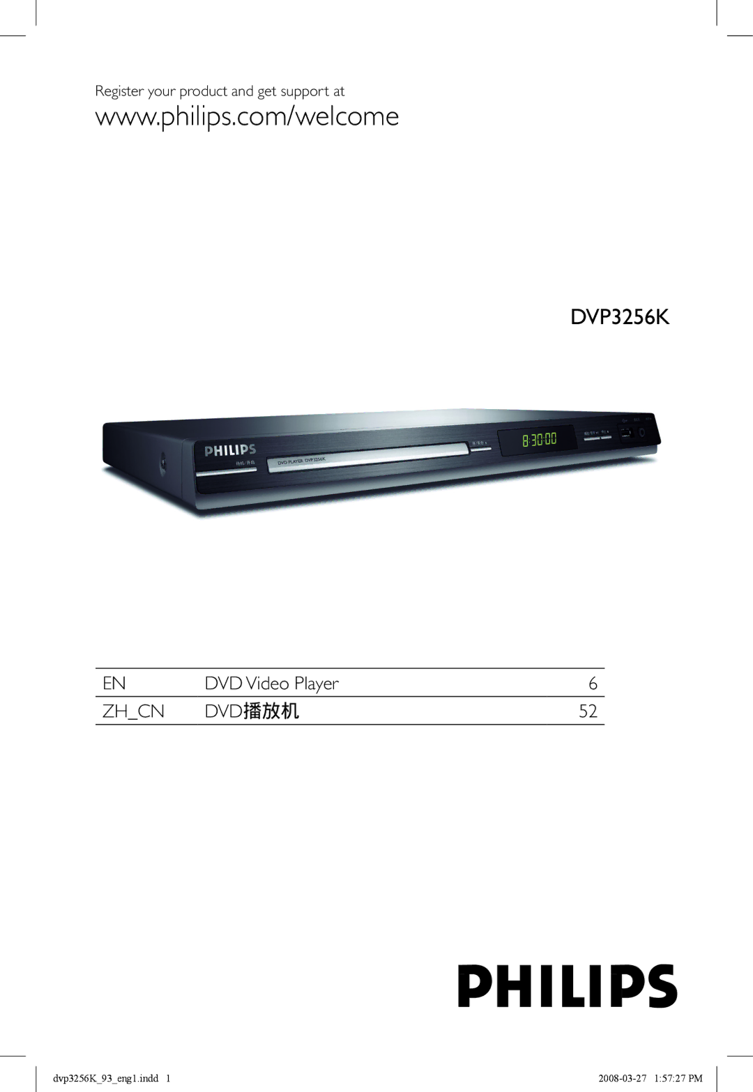 Philips DVP3256K/93 manual Register your product and get support at 