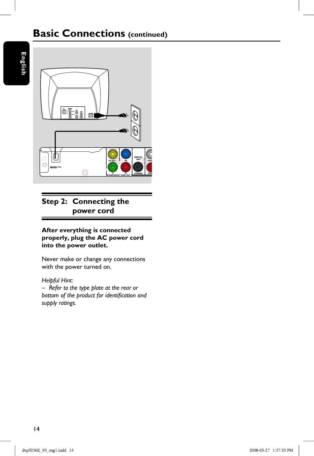 Philips DVP3256K/93 manual Connecting the power cord 