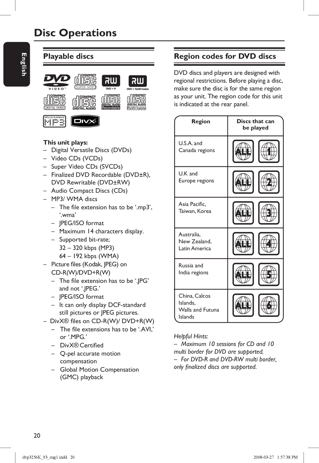 Philips DVP3256K/93 manual Disc Operations, Playable discs, Region codes for DVD discs, This unit plays 