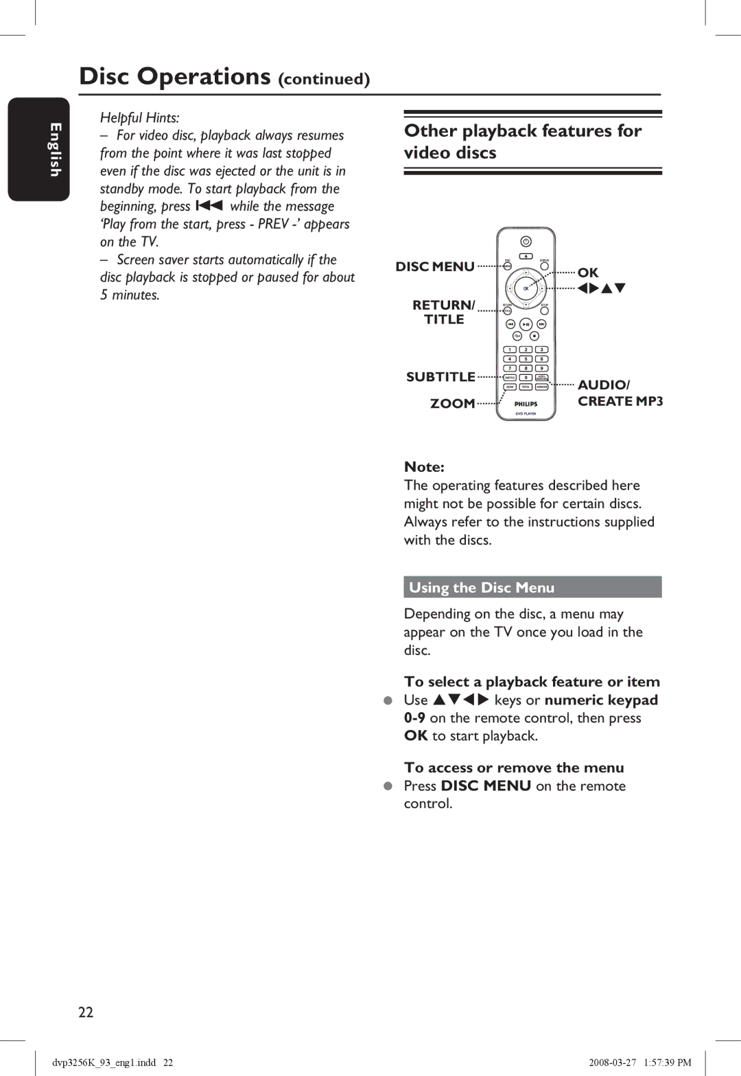 Philips DVP3256K/93 manual Other playback features for video discs, Using the Disc Menu, Control 