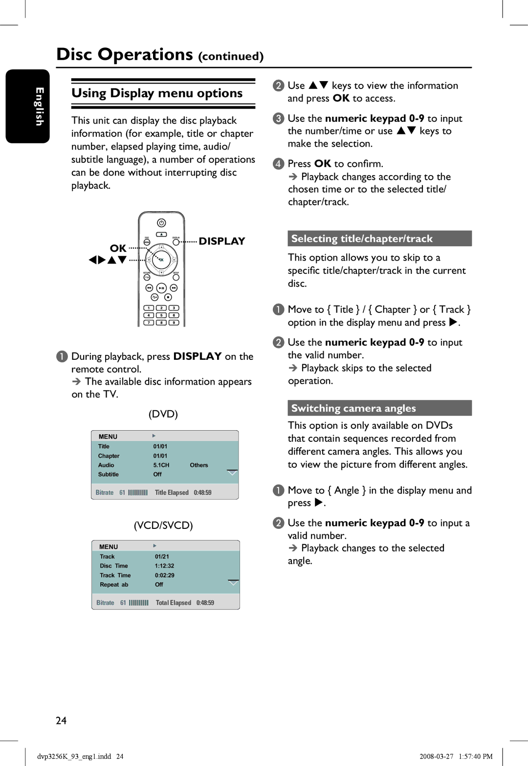 Philips DVP3256K/93 manual Selecting title/chapter/track, Use the numeric keypad 0-9 to input the valid number 