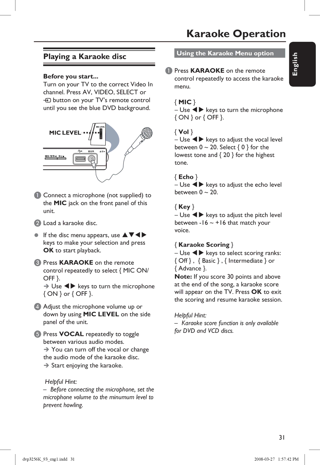 Philips DVP3256K/93 manual Karaoke Operation, Playing a Karaoke disc, Using the Karaoke Menu option 