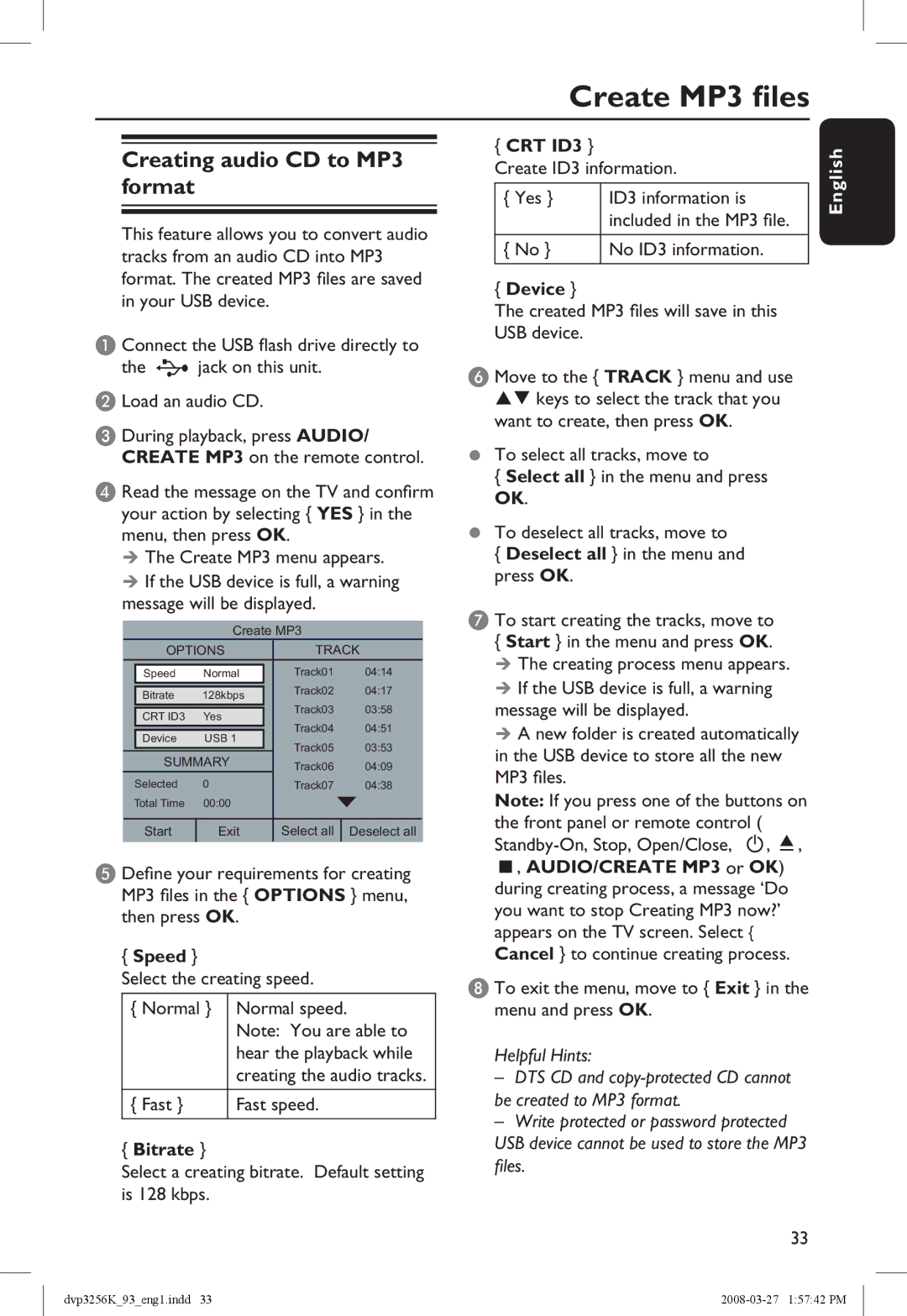 Philips DVP3256K/93 manual Create MP3 files, Creating audio CD to MP3 format 