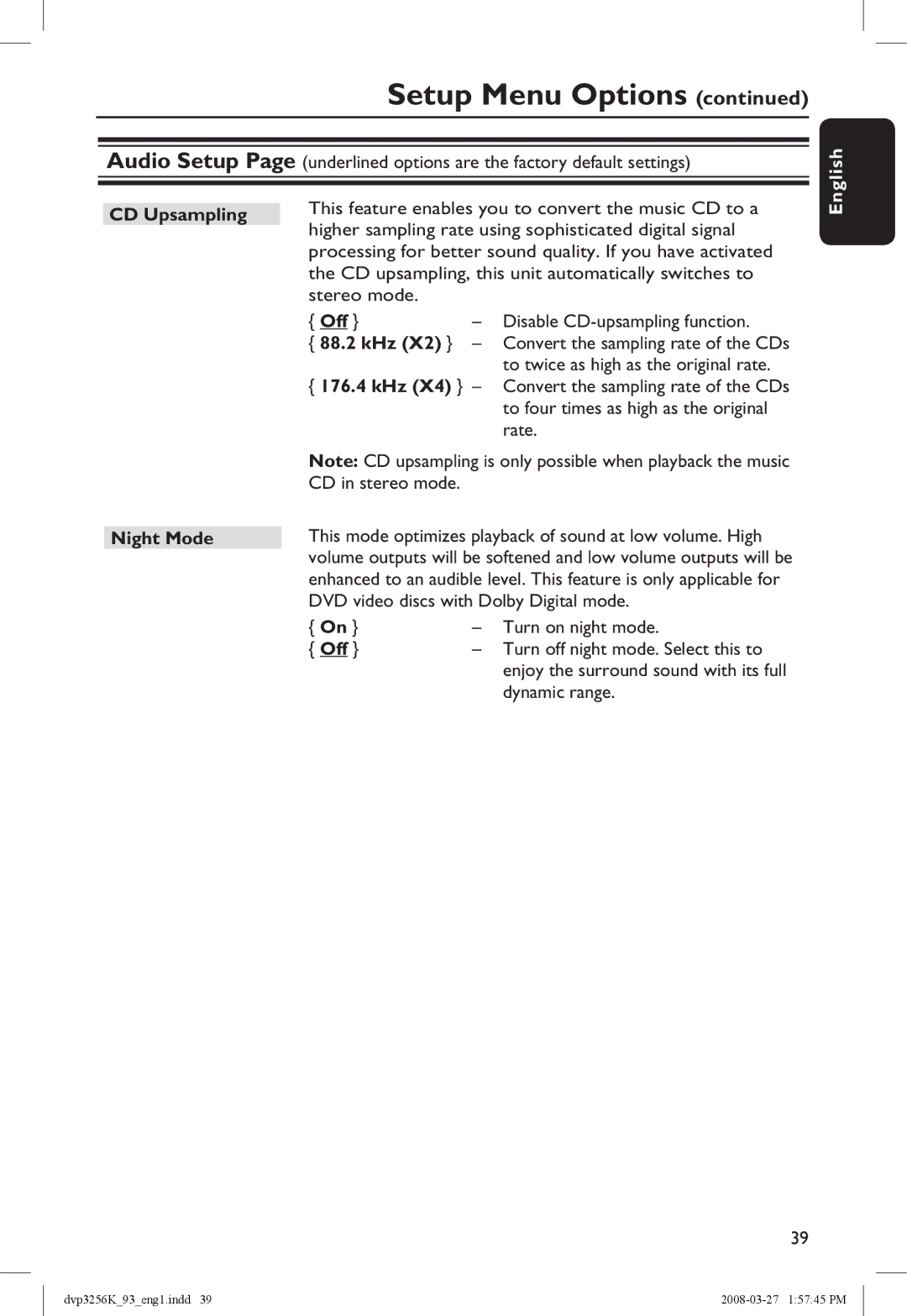 Philips DVP3256K/93 manual CD Upsampling, 88.2 kHz, 176.4 kHz, Night Mode 