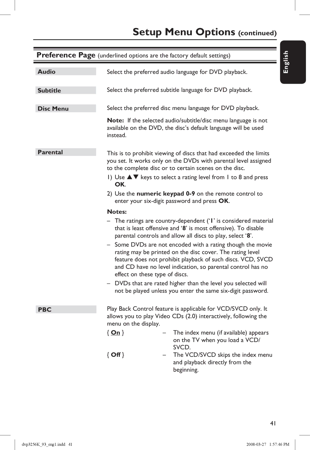 Philips DVP3256K/93 manual Parental 