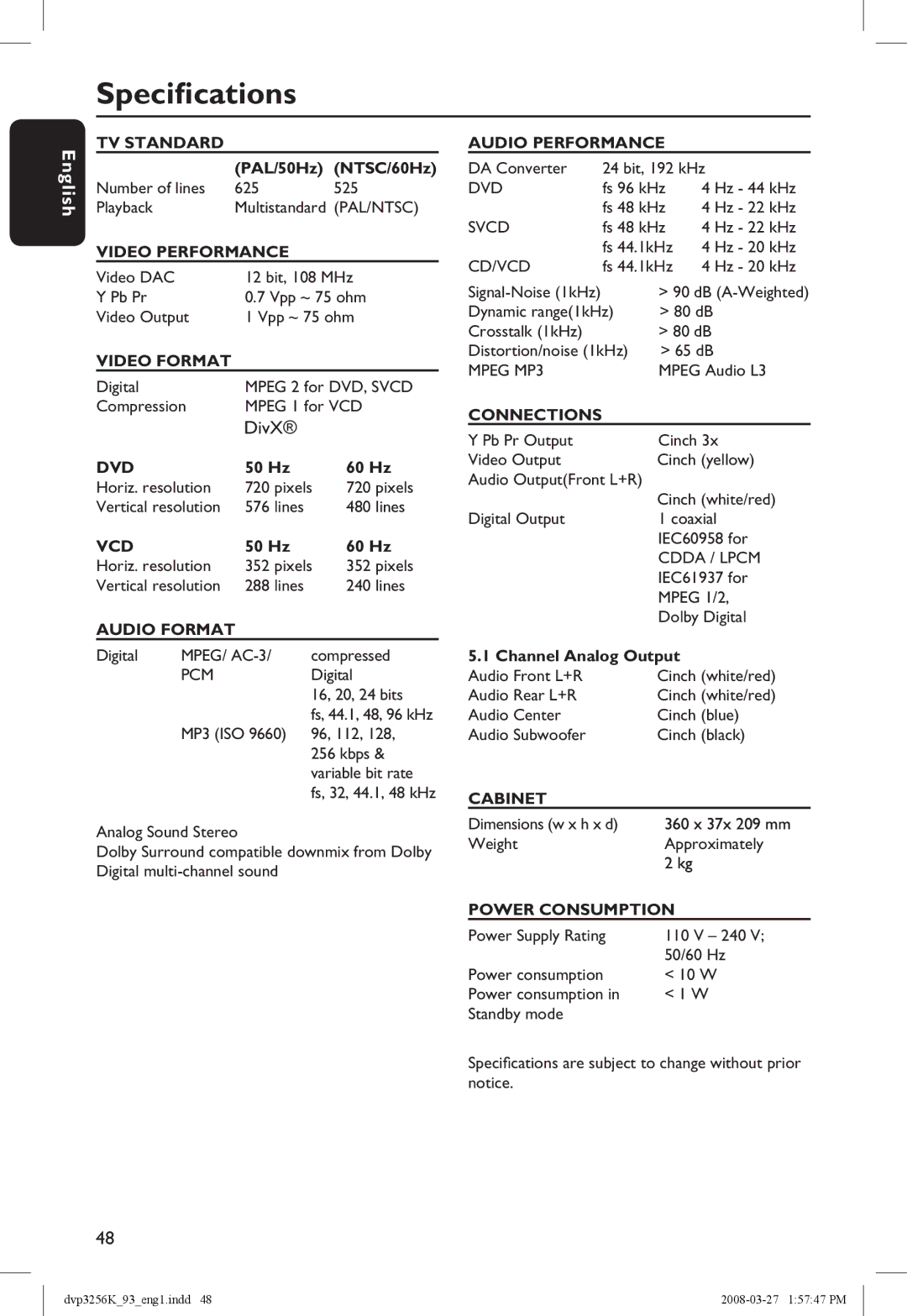 Philips DVP3256K/93 manual Specifications, DivX 