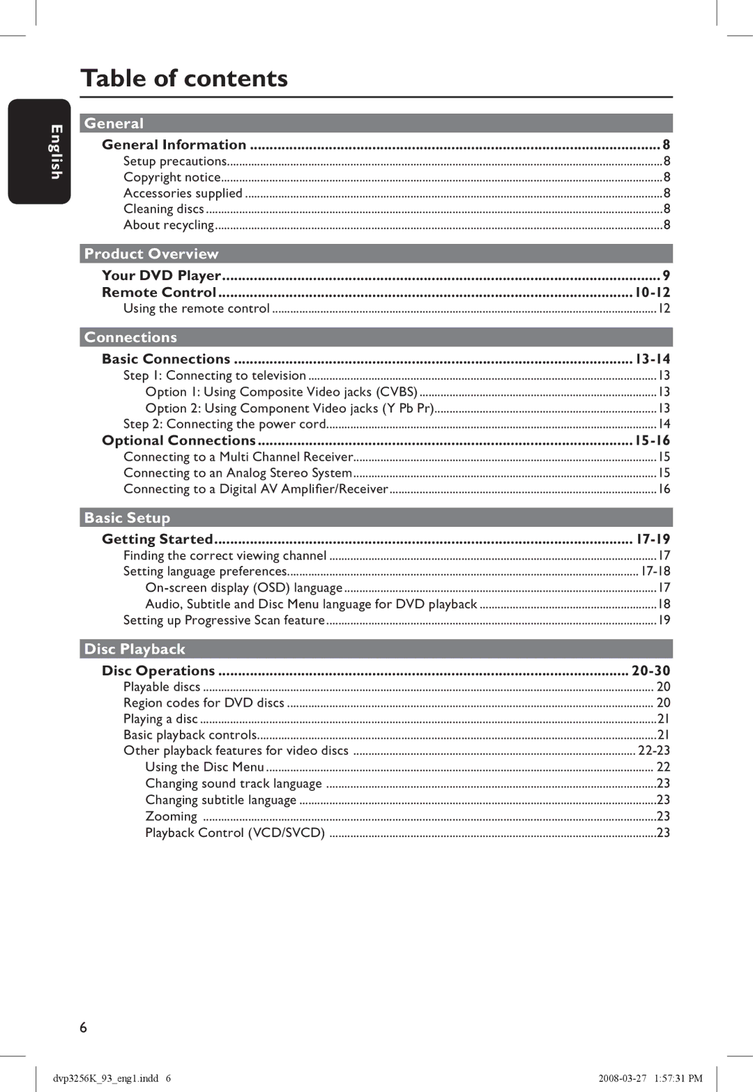 Philips DVP3256K/93 manual Table of contents 