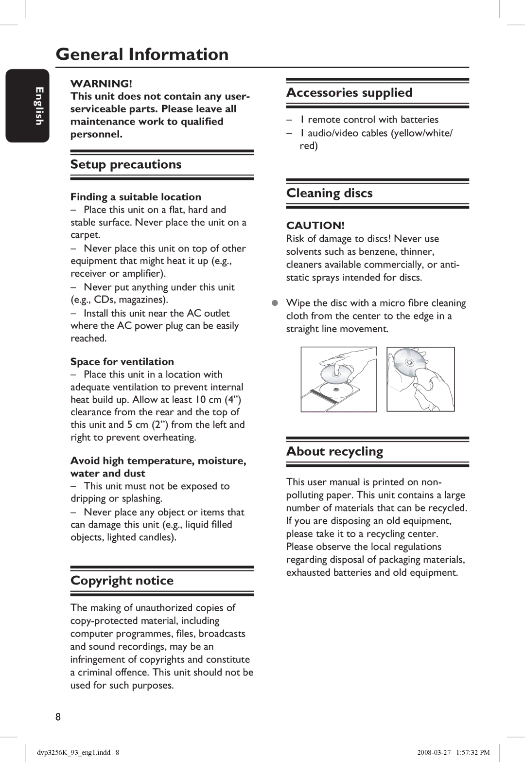 Philips DVP3256K/93 manual General Information 