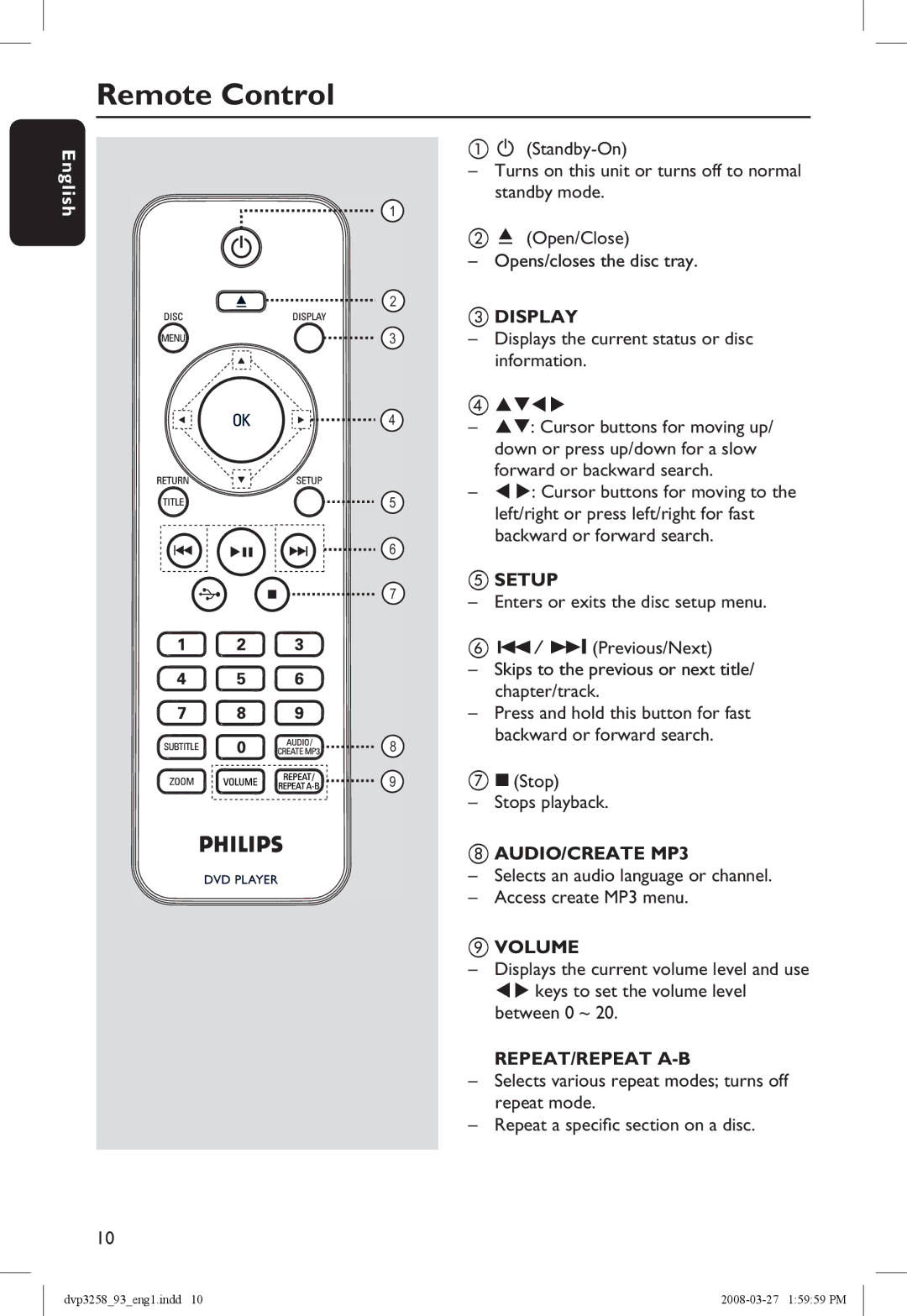 Philips DVP3258/93 manual Remote Control, Skips to the previous or next title/ chapter/track 