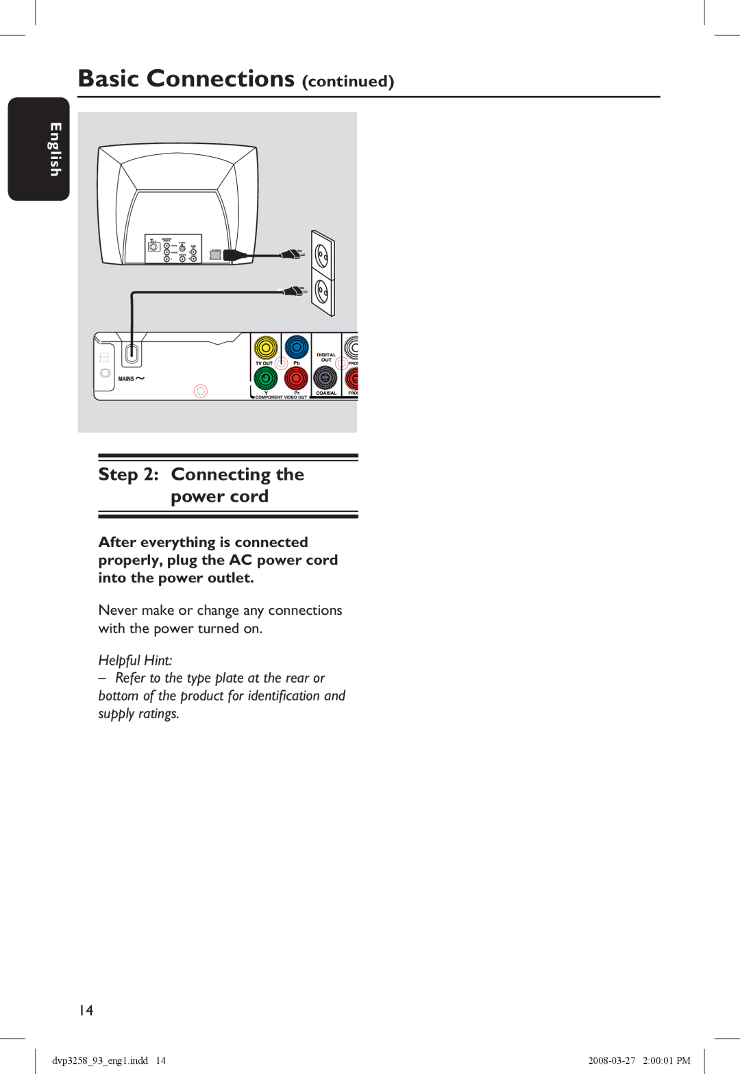 Philips DVP3258/93 manual Connecting the power cord 