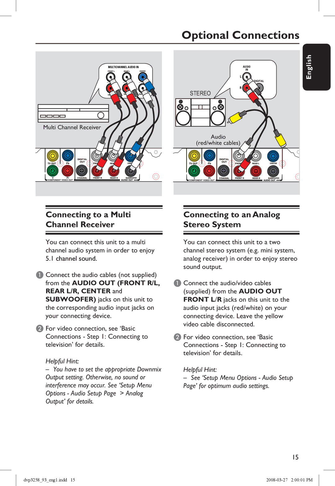 Philips DVP3258/93 Optional Connections, Connecting to a Multi Channel Receiver, Connecting to an Analog Stereo System 