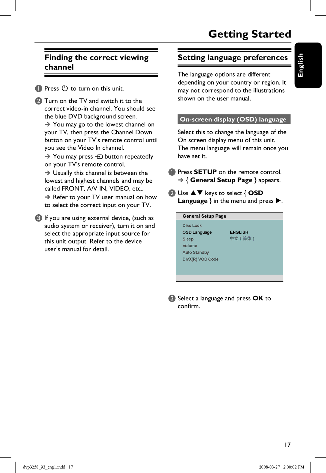 Philips DVP3258/93 manual Getting Started, Finding the correct viewing channel, On-screen display OSD language 