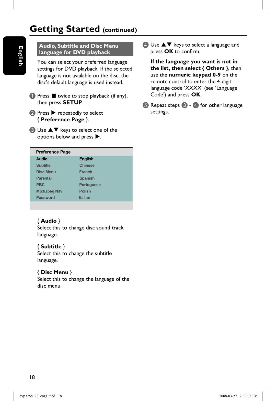 Philips DVP3258/93 manual Preference, Audio, Subtitle, Disc Menu 