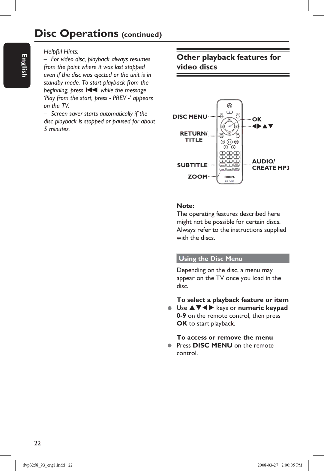 Philips DVP3258/93 manual Other playback features for video discs, Using the Disc Menu, Control 