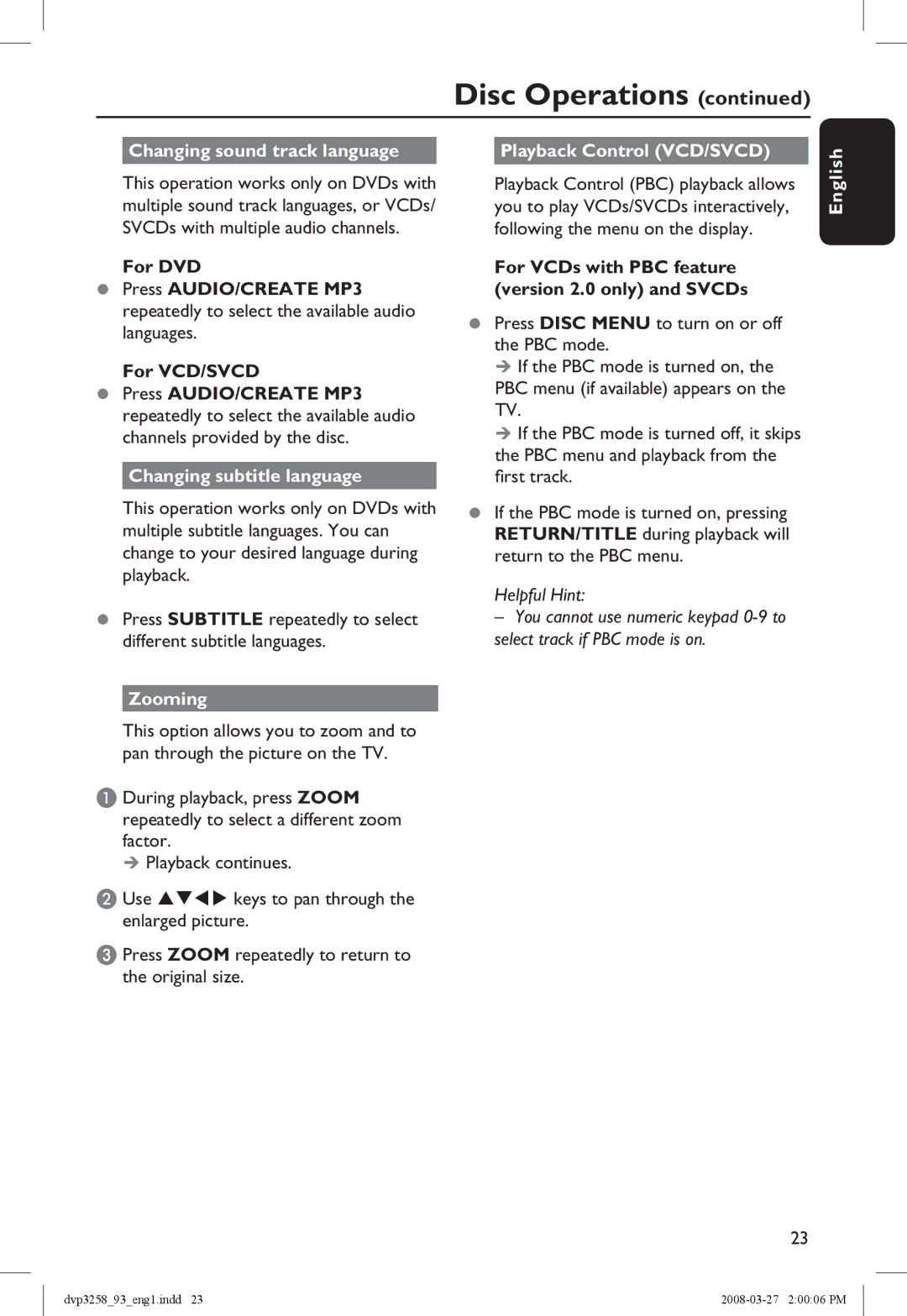 Philips DVP3258/93 manual Changing sound track language, Changing subtitle language, Zooming, Playback Control VCD/SVCD 