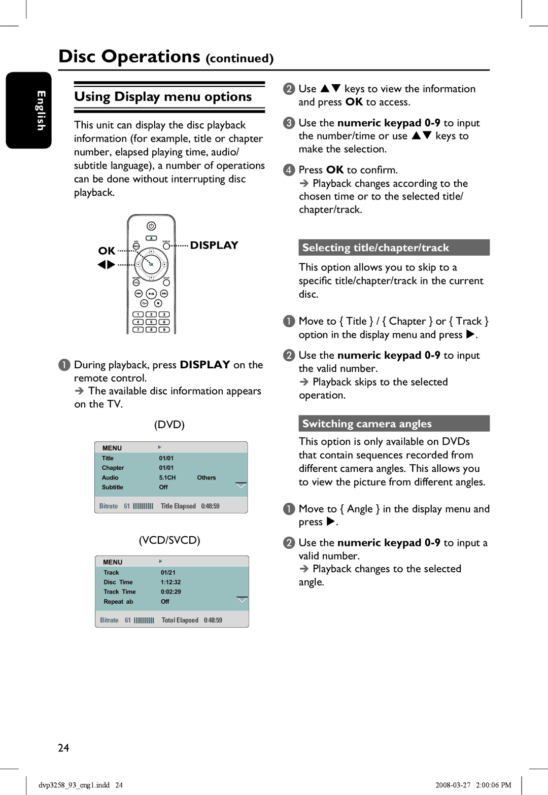 Philips DVP3258/93 manual Selecting title/chapter/track, Use the numeric keypad 0-9 to input the valid number 