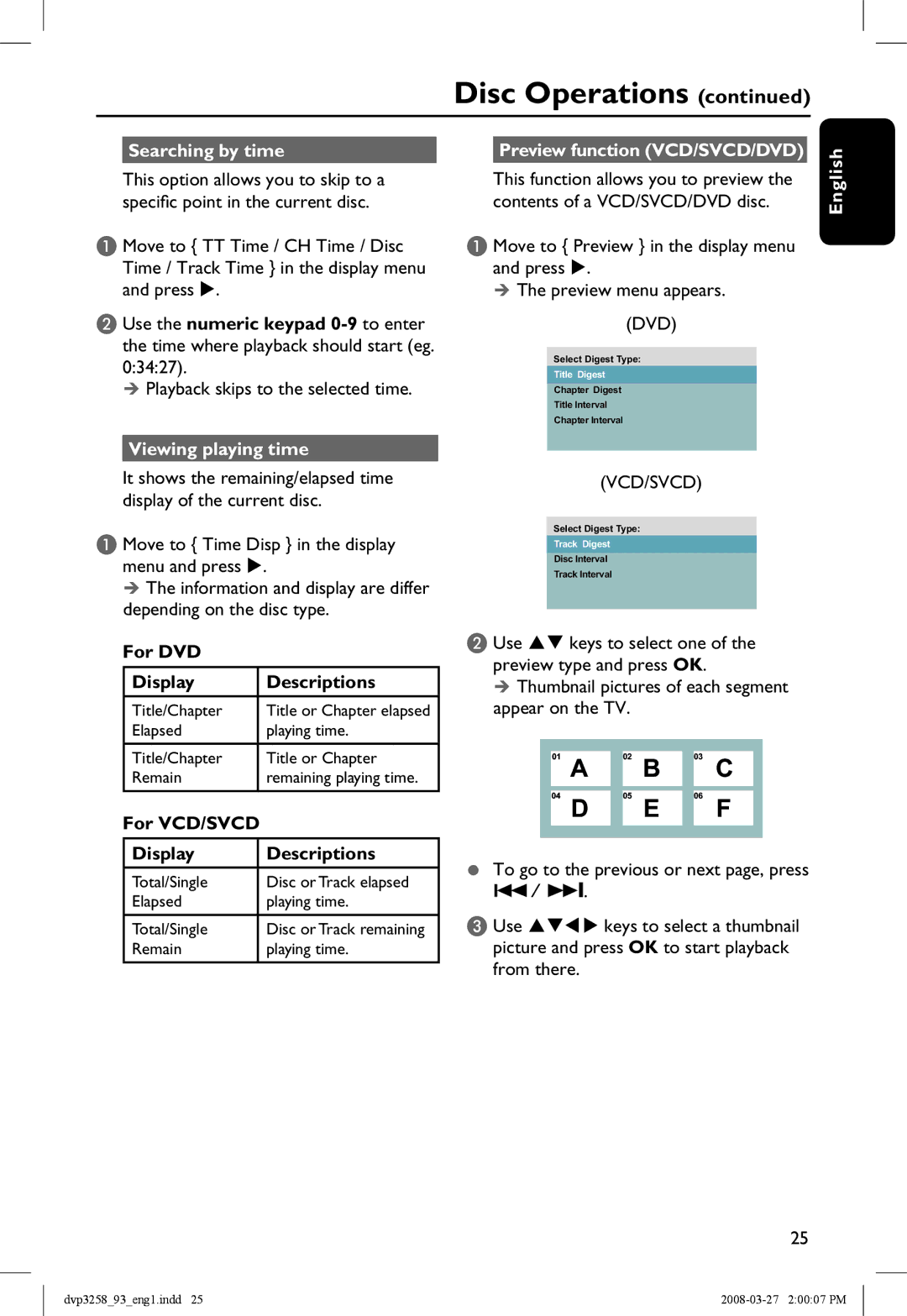 Philips DVP3258/93 manual Searching by time, Viewing playing time, Preview function VCD/SVCD/DVD English 