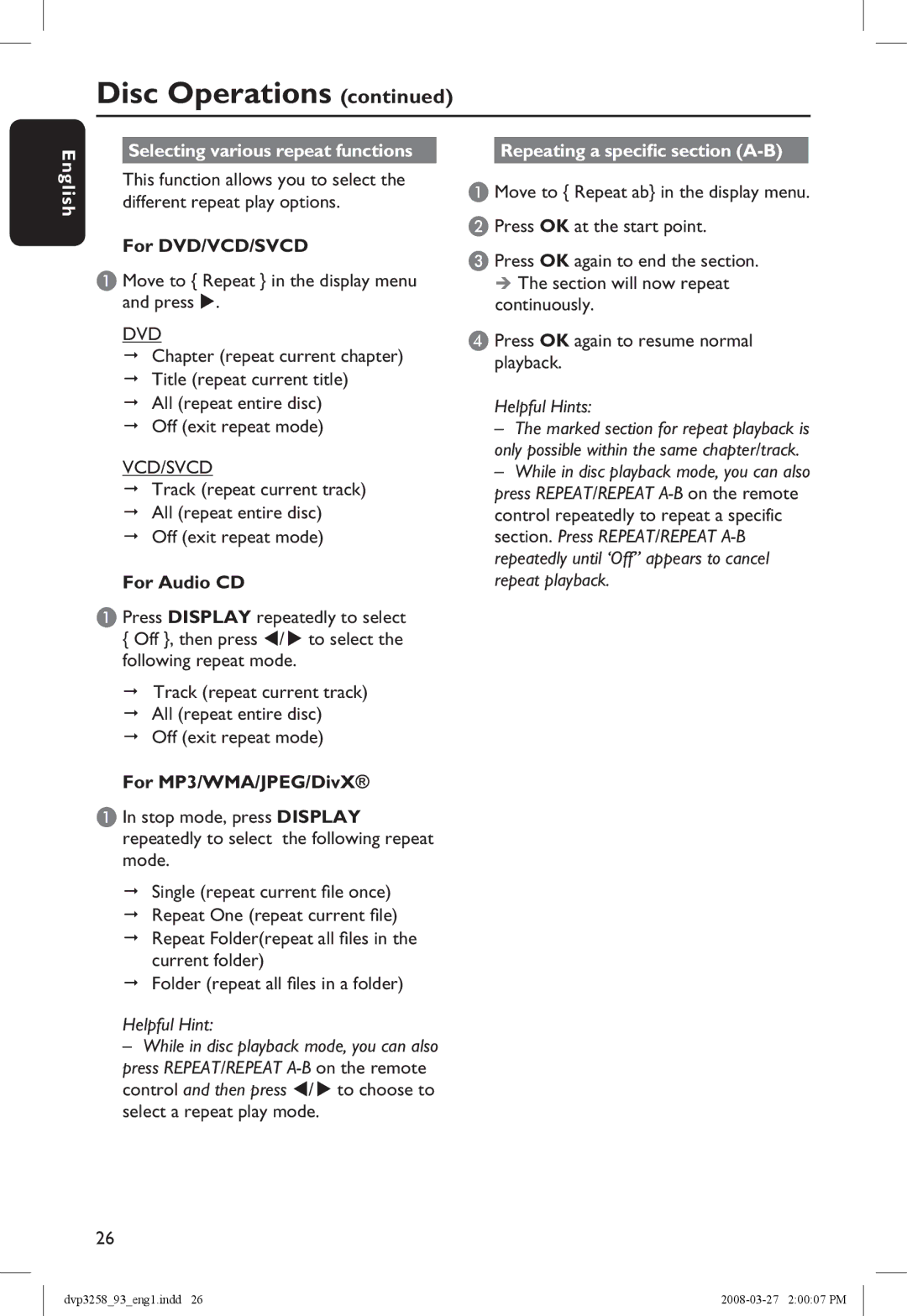 Philips DVP3258/93 manual English Selecting various repeat functions, For DVD/VCD/SVCD, For Audio CD, For MP3/WMA/JPEG/DivX 