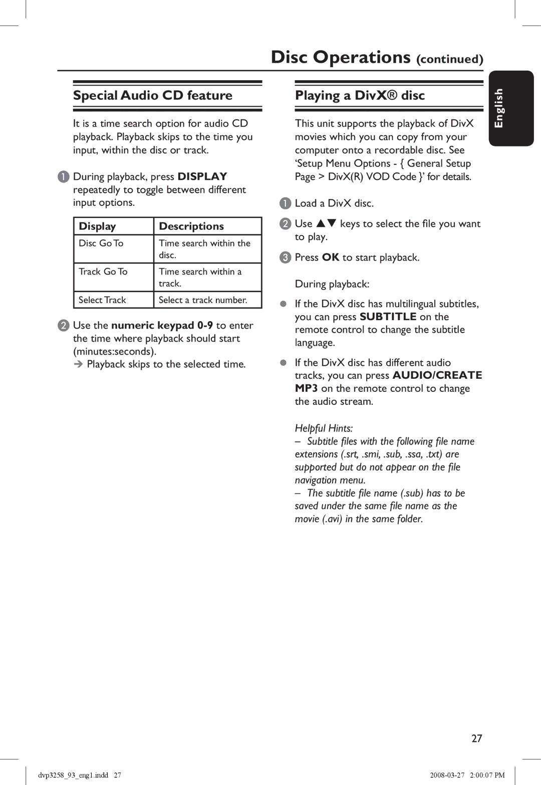 Philips DVP3258/93 manual Special Audio CD feature, Playing a DivX disc, Display Descriptions 