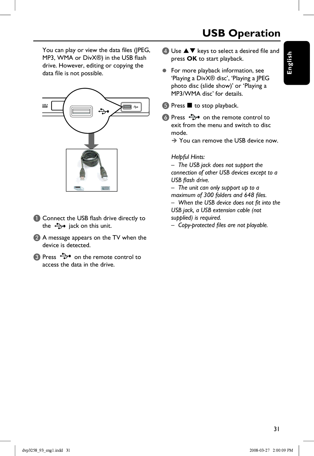 Philips DVP3258/93 manual USB Operation 