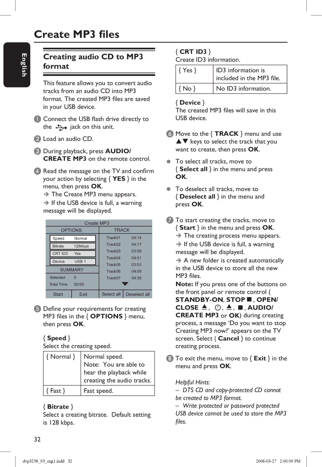 Philips DVP3258/93 manual Create MP3 files, Creating audio CD to MP3 format 