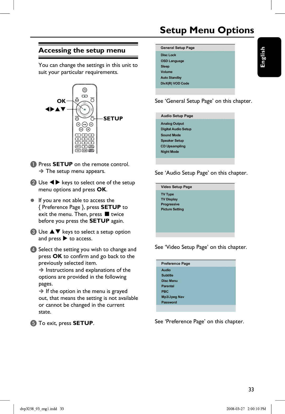 Philips DVP3258/93 manual Setup Menu Options, Accessing the setup menu 