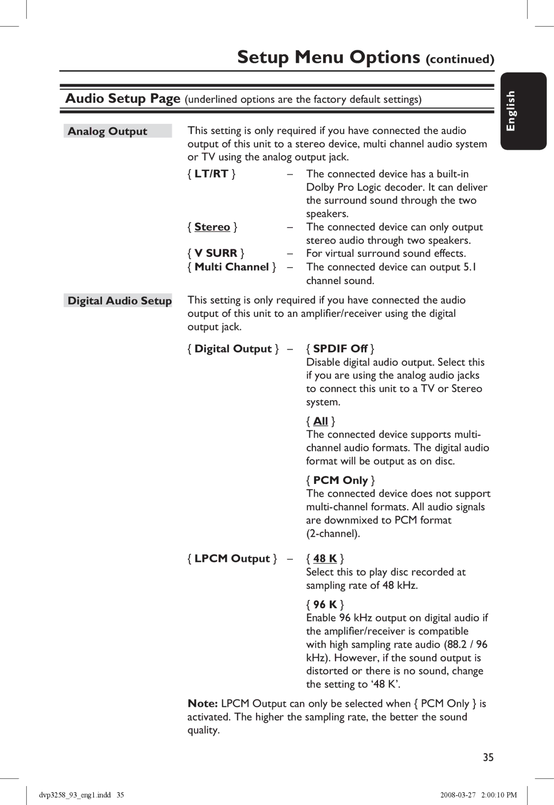 Philips DVP3258/93 Analog Output, Lt/Rt, Stereo, Surr, Multi Channel, Digital Audio Setup, Digital Output Spdif Off, 96 K 