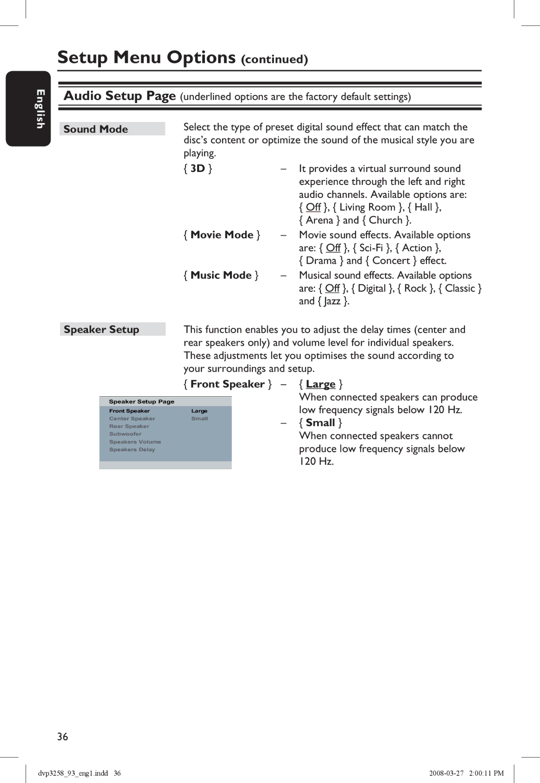 Philips DVP3258/93 manual Sound Mode, Movie Mode, Music Mode, Speaker Setup, Front Speaker Large, Small 